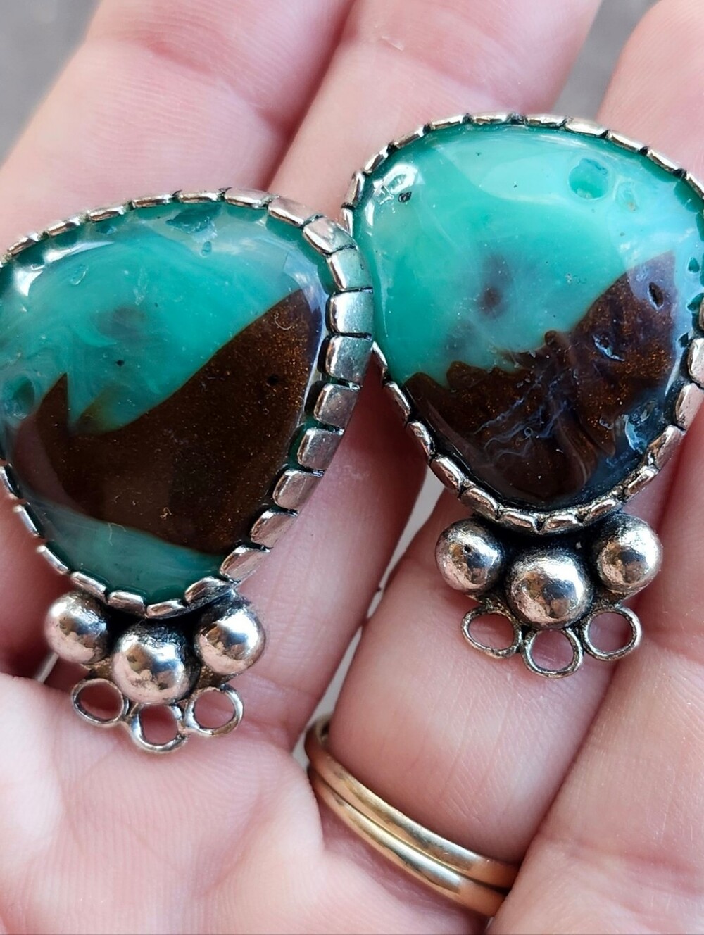 Handmade Silver And Cabochon Large Stud Earrings Southwestern Turquoise